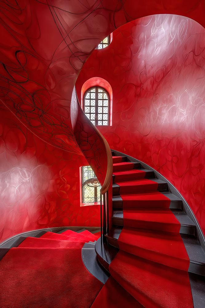 Curved stairway with window and carpet. (AI Generated)